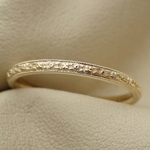 Thin Vintage Carved Orange Flower Blossom Platinum Wedding Band with Milgrain 2mm wide 14k Solid Yellow Gold
