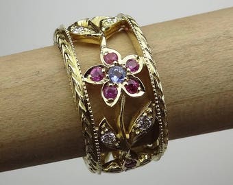 Diamond, Tanzanite & Pink Sapphire Flower Ring: 14k Gold Wheat Band