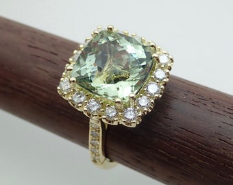 Berilo de aguamarina verde natural con anillo de compromiso/aniversario con halo de diamantes, oro amarillo macizo de 18 k, tiempo de procesamiento de 1-2 días