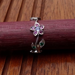 Flower and Leaves Band with Tanzanite, Pink Sapphire and Emeralds  14k White Gold with Milgrain details