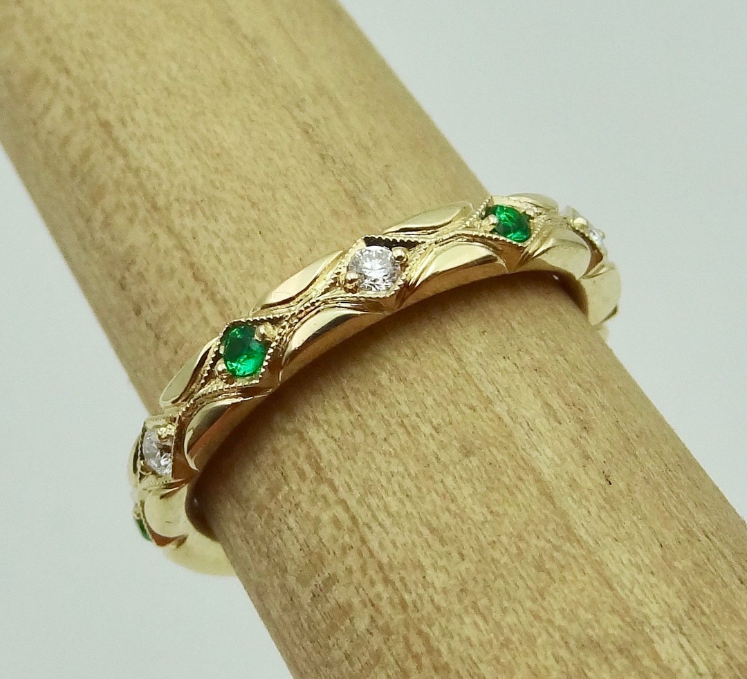 Art Deco Emerald & Diamond Wedding Band: 14k Yellow Gold Stacking Ring ...