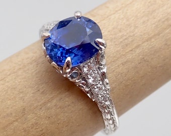 Real 2.84 Carat Blue Sapphire & Diamonds Filigree 18k White Gold Engagement Ring