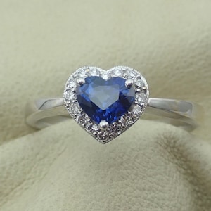 Natural Heart Shape Blue Sapphire Engagement Ring  Blue Sapphire Pave Diamond Halo Engagement Wedding Ring 18k White Gold