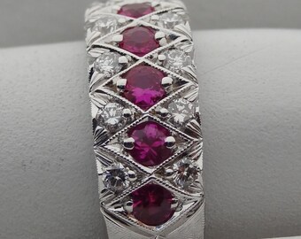 Ruby Wedding Band 1.10 CTS Hot Pink Rubies and Diamonds Lattice Wedding Ring 18k White Gold