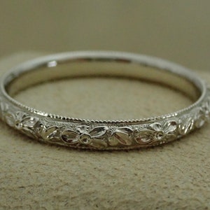 Thin Antique Style Carved Flower Platinum Wedding Band with Milgrain Orange Blossom Ring  2.6 mm wide 14k Solid White Gold Vintage