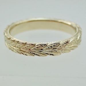 Carved Leafs Vine Branch Pattern 14k Yellow Gold Band Vintage Style Wedding Band 3.65 mm wide 18k Yellow, White or Rose Gold