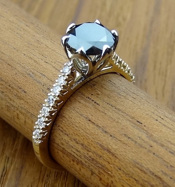 Black Diamond Tulip Petal Setting Engagement Ring Vintage / Etsy