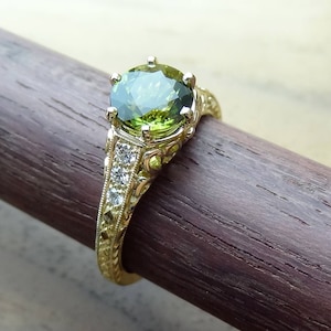 Vintage / Antique Style Natural Green Tourmaline and Diamonds  Engagement Ring 18k Yellow Gold