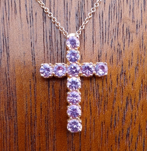 Grand Pendentif Croix En Or 18K Avec Saphirs Roses - Chaîne Maille Palmier, Occasion