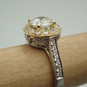 Natural 1.20 Carats Diamond Halo 18k Yellow Engagement Ring 18k White Yellow Band Two Tone Vintage / Antique Style image 7