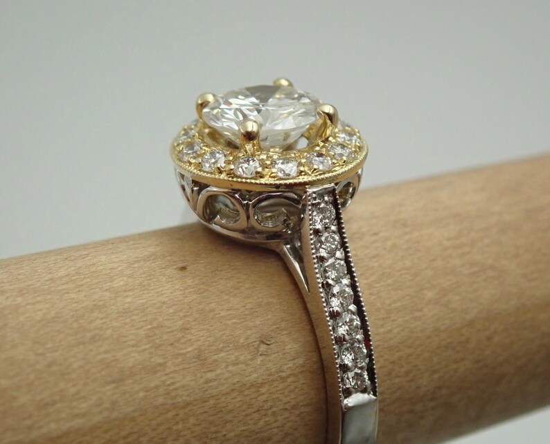 Natural 1.20 Carats Diamond Halo 18k Yellow Engagement Ring 18k White Yellow Band Two Tone Vintage / Antique Style image 7