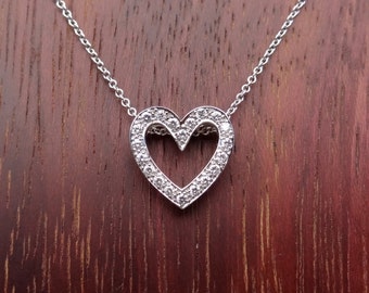Open Heart Shape Diamond Pendant Pave Natural White Diamonds 18k White Gold Necklace with 14K Chain Included