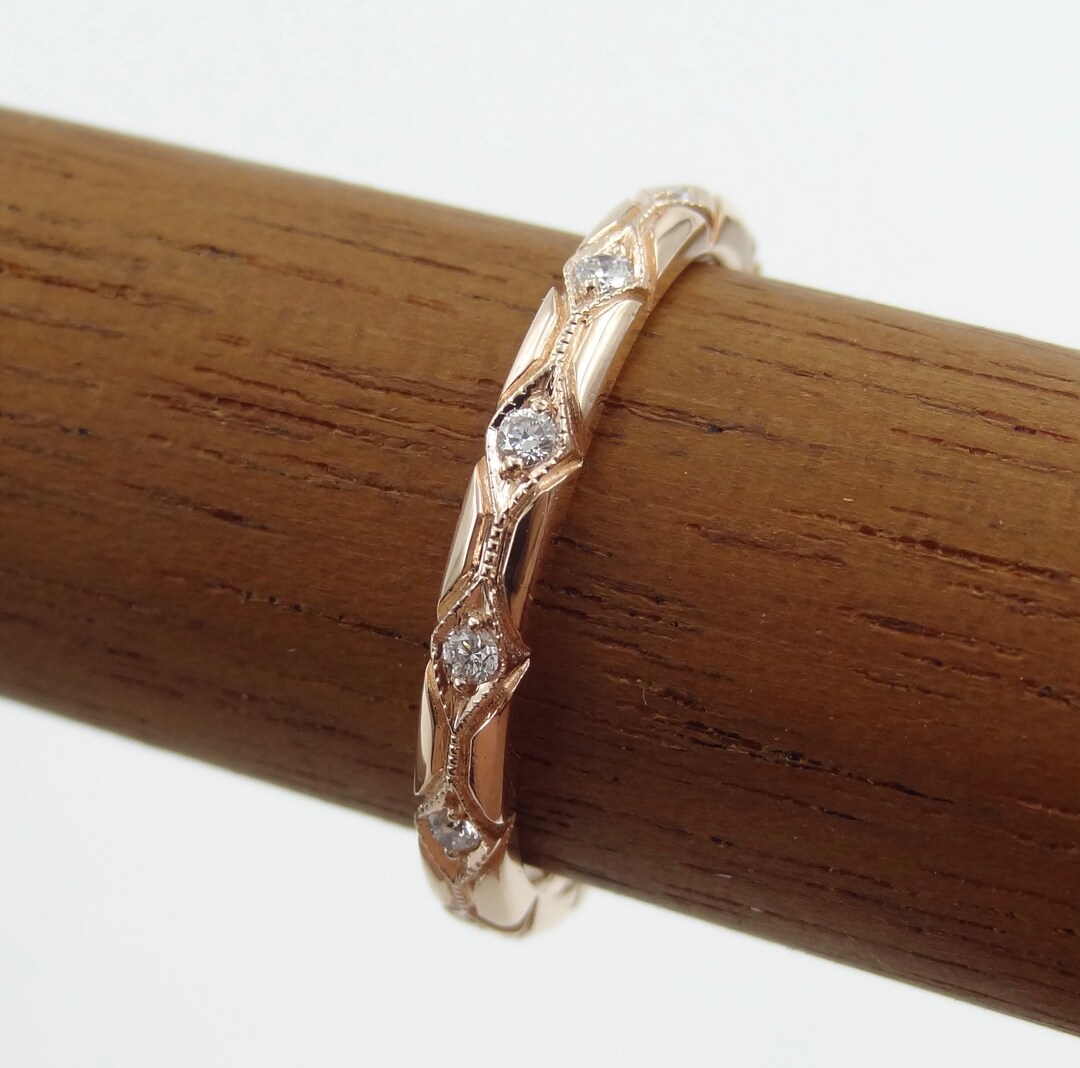 Rose Gold Diamond Wedding Band: Solid 14k Gold Vintage Art Deco Ring ...