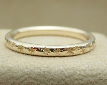 Ladies Carved Stars 14k Yellow Gold Band Unique 2.2 mm wide Wedding Band Ring Solid 14k Yellow, White or Rose Gold