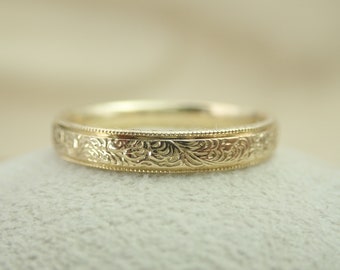 Alianza de boda con patrón de hojas de helecho vintage, oro amarillo de 14 k, grabado a mano y milgrain, ajuste cómodo, 3,25 mm de ancho, estilo vintage/antiguo