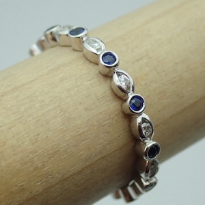 Thin Eternity Wedding Band with Blue Sapphire & Diamond Circle and Oval shapes 18k White Gold