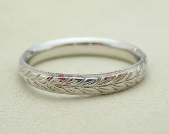 Hand Engraved Wheat Wedding Band, Milgrain 18k Yellow Gold, Size 6.5