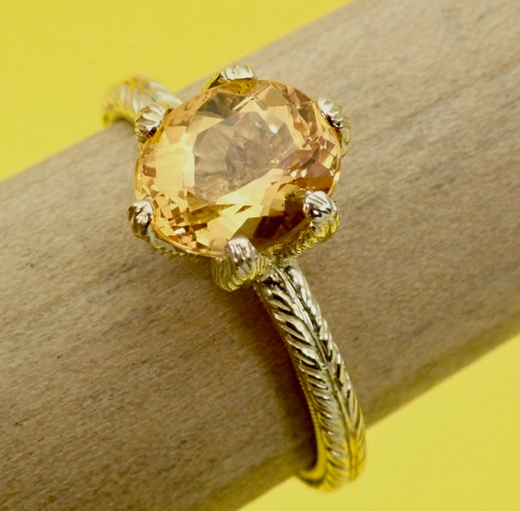 Natural Golden Imperial Topaz Engagement Ring Carved Leafs