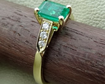 Real Emerald Cut Emerald & Diamond 18k Yellow Gold Art Deco Ring