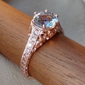 Vintage Engagement Ring 14k Rose, Yellow or White Gold Light Blue Aquamarine with Diamonds Antique Style