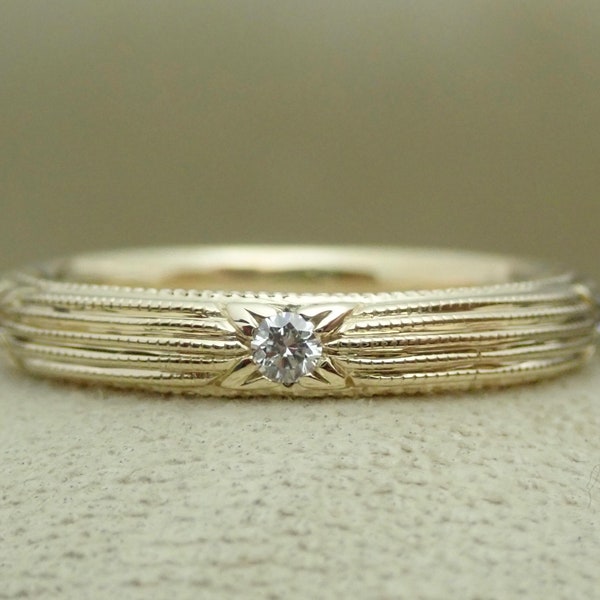 Ready to Ship - Art Deco Diamond Milgrain Wedding Band, Vintage / Antique style Diamond Ring 14k Solid Yellow Gold 3 MM Wide, Size 6.5