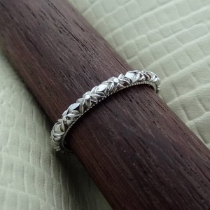 Thin Art Deco Vintage / Antique Style Carved and Milgrain Wedding Band Ring 14k Solid White Gold Engraved