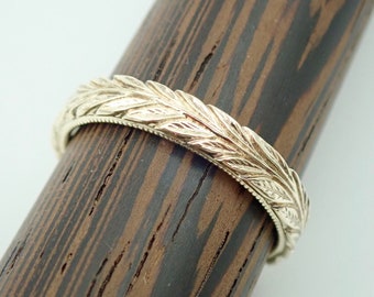 Carved Leafs Vine Branch Pattern Platinum Band Vintage Style 14K Yellow Gold Wedding Band 3.65 mm wide 14k, 18k Yellow, White or Rose Gold