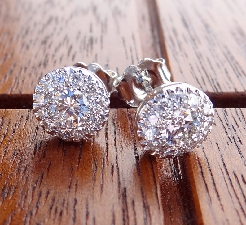 Diamond Halo Stud Cluster Earrings 1 1/2 carat look each 18K | Etsy