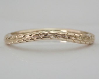 Custom Curved Wheat Pattern Carving 14k Yellow Gold Wedding Band, Carved 4/5 Way Around Wedding Ring 14k White, Rose Gold  Antique Style