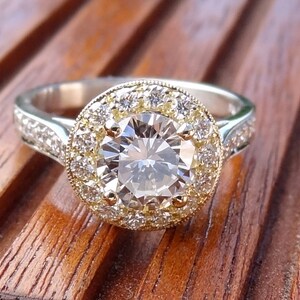 Natural 1.20 Carats Diamond Halo 18k Yellow Engagement Ring 18k White Yellow Band Two Tone Vintage / Antique Style image 2