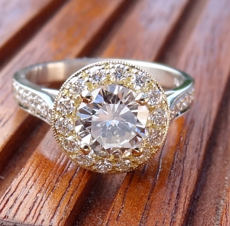 Natural 1.20 Carats Diamond Halo 18k Yellow Engagement Ring 18k White Yellow Band Two Tone Vintage / Antique Style image 2