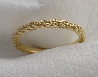 Thin Antique Carved Flower Wedding Band with Migrain 2 mm Wide 18k Solid Yellow Gold Vintage / Antique Style