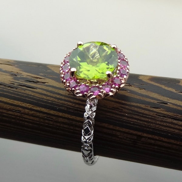 Peridot with 16 Pink Sapphire Pave Halo Engagement Ring 18k White / Rose Gold