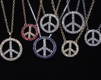 Peace Sign Necklace in 14k Yellow Gold with Pave Diamonds Peace Sign Pendant with Chain 14k White Gold