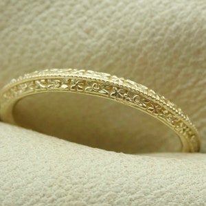 Thin Knife Edge Antique Carved Orange Flower Blossom Wedding Band with Milgrain  14k Solid Yellow Gold Vintage / Antique Style