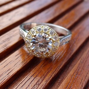 Natural 1.20 Carats Diamond Halo 18k Yellow Engagement Ring 18k White Yellow Band Two Tone Vintage / Antique Style image 5