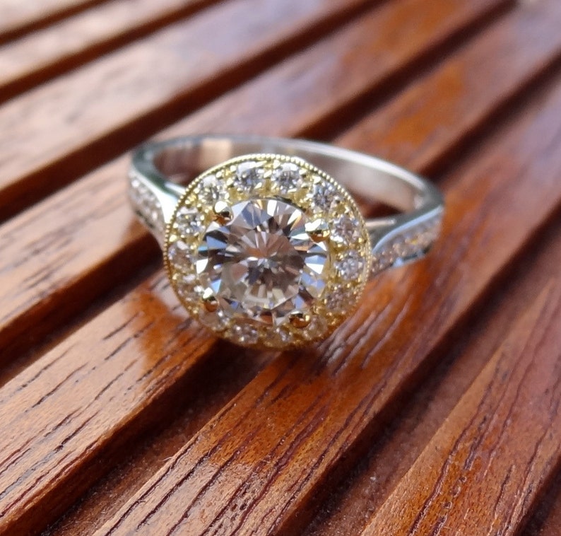 Natural 1.20 Carats Diamond Halo 18k Yellow Engagement Ring 18k White Yellow Band Two Tone Vintage / Antique Style image 5