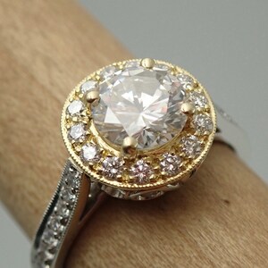 Natural 1.20 Carats Diamond Halo 18k Yellow Engagement Ring 18k White Yellow Band Two Tone Vintage / Antique Style image 6