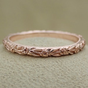 Thin Vintage Style Carved Flowers 14k Rose Wedding Band - Floral Gold Ring -  14k Solid Pink, white or Yellow Gold - Antique Style