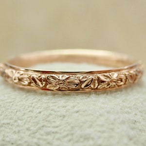 Thin Antique Carved Flower Orange Blossom Wedding Band with Milgrain 2.6 mm wide 14k Solid Rose Gold Vintage / Antique Style