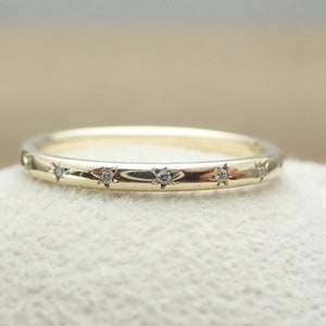 Ladies Diamond Stars All-round 14k Yellow Gold Stacking Band Unique 2mm wide Wedding Band Ring Solid 14k Yellow, White or Rose Gold