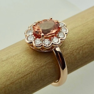 Vintage Natural Peach Color Imperial Topaz with Diamond Scallops Halo Engagement Ring 14K Rose gold November Birthstone size 7.5