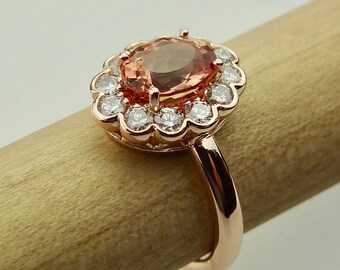 Vintage Natural Peach Color Imperial Topaz with Diamond Scallops Halo Engagement Ring 14K Rose gold November Birthstone size 7.5