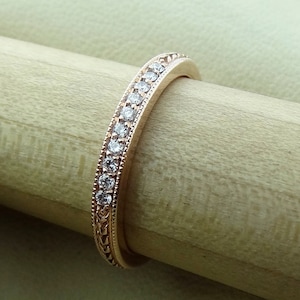 Thin Yellow Gold Diamond Wedding Band with Wheat Pattern Engraving 14k White or Rose Gold Vintage / Antique Style