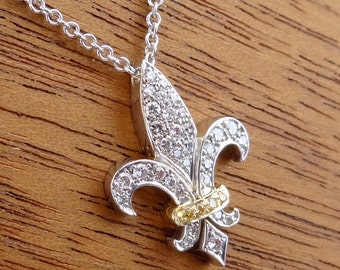 Diamond Fleur de Lis Pendant 14k White & Yellow Gold French Lily