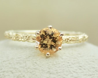 Vintage Golden Imperial Topaz Carved Flower Band Engagement Ring 14k Yellow Gold Very Petite Promise Ring