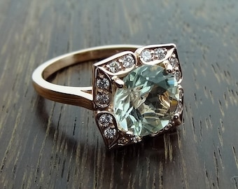 Vintage Floral 14K Rose Gold Aquamarine Ring: Diamond Halo, Antique Style