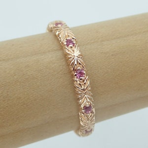 Thin Art Deco Pink Sapphire Star Burst Solid 18k Rose Gold Wedding Band Natural Stones Size 7 Ready to Ship