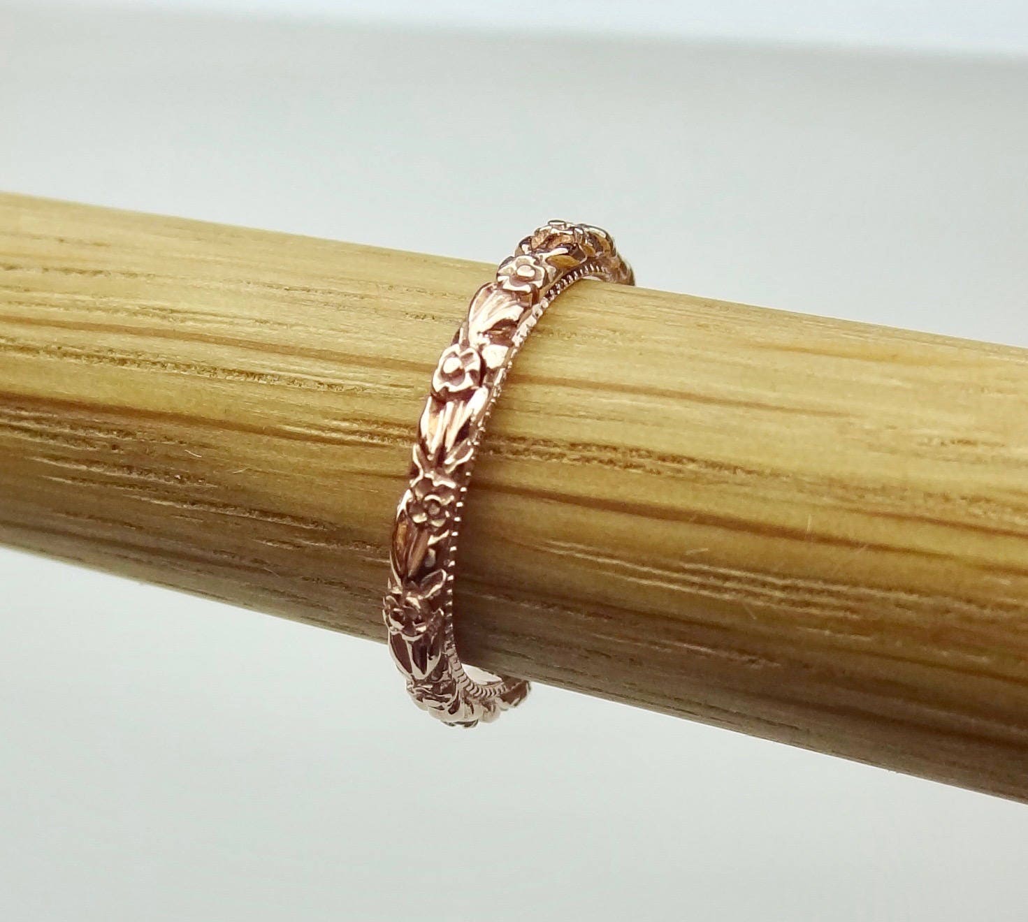 Thin Rose Gold Antique Style Carved Flower with Milgrain 2