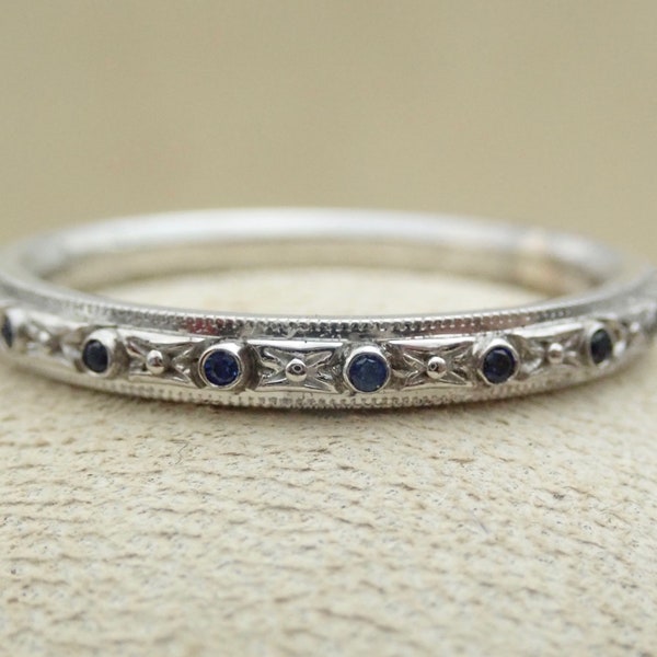 Very Thin Vintage Blue Sapphire Orange Blossom 14k White Gold Wedding Band Antique Style Size 6 1/8 Ready to Ship 2 to 3 days delivery